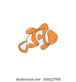 Single continuous line drawing of funny clown fish for logo identity. Stripped anemonefish mascot concept for national zoo icon. Modern one line draw design vector illustration