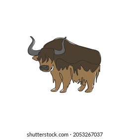 Single continuous line drawing of gallant yak for logo identity. Long haired domesticated bovid mascot concept for national conservation park icon. Modern one line draw design vector illustration