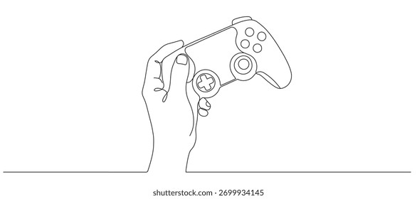 A single continuous line drawing of a gaming joystick. A game joystick and controller in a simple line style. Editable stroke. Vector illustration.