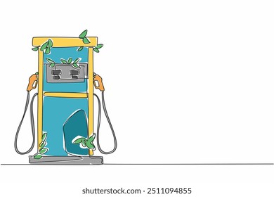 Single continuous line drawing gas station with leaves on gas station box. Eco-friendly fuel stations. Real action to protect environment. National Biodiesel Day. One line design vector illustration