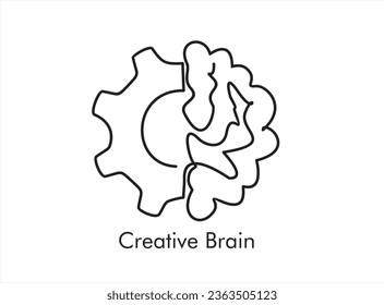 Single continuous line drawing of gears with human brain. Creative brain Idea concept with gears and brain