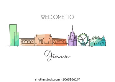 Single continuous line drawing of Geneva city skyline, Switzerland. Famous skyscraper landscape postcard. World travel wall decor poster print concept. Modern one line draw design vector illustration