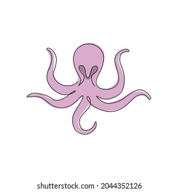 Single Continuous Line Drawing Of Giant Octopus For Aquarium World Logo Identity. Legendary Kraken Animal Mascot Concept For Aquatic Show Icon. Trendy One Line Draw Design Vector Graphic Illustration