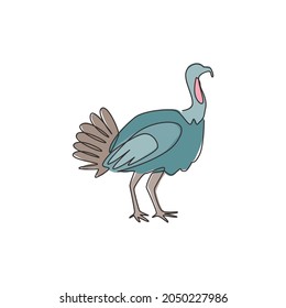 Single continuous line drawing of giant turkey for farming logo identity. Big cock mascot concept for poultry livestock icon. Modern one line draw graphic design vector illustration