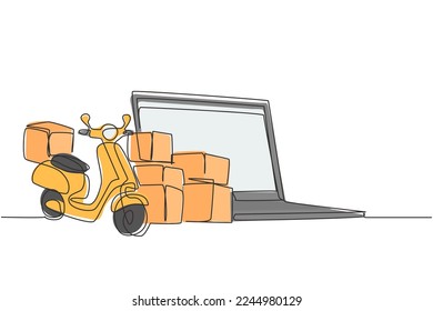 Single continuous line drawing giant laptop standing in front of courier scooter and pile of package boxes. Online delivery service concept. Dynamic one line draw graphic design vector illustration