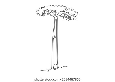 Single continuous line drawing giant baobab tree for wall decor poster. Gigantic plant concept for national park. Tourism and travel vacation template. One line draw graphic design vector illustration