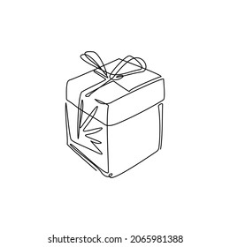 Single continuous line drawing gift box with ribbon icon. Birthday celebration. Surprise gift box, special give away package, loyalty program reward. One line draw graphic design vector illustration