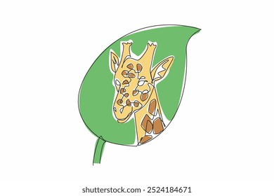 Single continuous line drawing giraffe head in the middle of the leaf. The best place in the wild. No pets. Balance of nature. Natural. Habitat. World Wildlife Day. One line design vector illustration