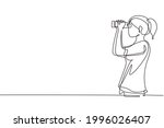 Single continuous line drawing girl looking in distance with binoculars. Enjoy beauty of nature as far as the eye can see. Find something interesting. One line draw graphic design vector illustration