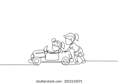 Single Continuous Line Drawing A Girl Is Pushing Her Friend's Car In The Road. Kids Play With Big Toy Car Together. Sibling Having Fun With At Backyard. Dynamic One Line Draw Graphic Design Vector