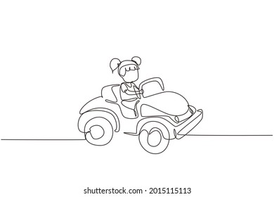 Single continuous line drawing girl driving car, happy cute child. Little girl smiling happy driving toy car. Children's trip in small car. Dynamic one line draw graphic design vector illustration