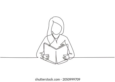 Single continuous line drawing girl reading book, education. Woman student sitting at desk to read literary work, story books and study, textbooks on table. One line draw design vector illustration