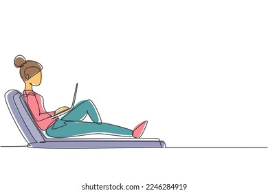 Single continuous line drawing girl with laptop sitting on the recliner chair. Freelance, distance learning, online courses, studying concept. Dynamic one line draw graphic design vector illustration