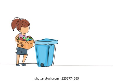 Single continuous line drawing girl gathering garbage and plastic waste for recycling. Kid picking up plastic bottles into garbage. Eco education. One line draw graphic design vector illustration