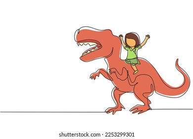 Single continuous line drawing girl caveman riding t-rex tyrannosaurus. Young kid sitting on back of dinosaur. Stone age children. Ancient human life. One line draw graphic design vector illustration