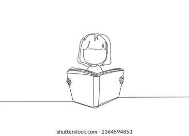 Una única chica de línea continua sentada leyendo un libro en un estrado. Entusiasmo que nunca desaparece. Muy feliz al leer libros de historia. Concepto del festival del libro. Ilustración vectorial de diseño de una línea