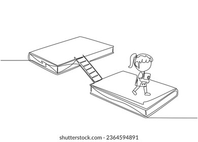 Single continuous line drawing girl walking on books. A book exhibition concept. Display many books, from scientific books to fiction story books. Book festival. One line design vector illustration