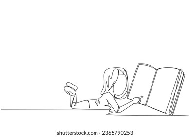 Una única dibujante de línea continua tendida sobre su estómago leyendo un libro grande. Disfruta leyendo libros en una variedad de estilos. Leer aumenta la percepción. Me encanta leer. Ilustración vectorial de diseño de una línea
