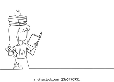 Single continuous line drawing girl read book practicing balance. Stack books on top of head along with the apple. Balancing reading rhythm, train focus. Love read. One line design vector illustration