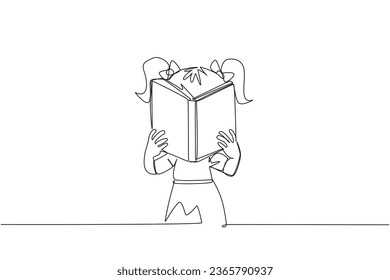 Single continuous line drawing girl seriously reading a book until cover the face. Nervous when facing the final exams. Try to focus. Reading increases insight. One line design vector illustration