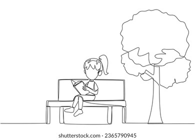 Single continuous line drawing girl sitting on school park bench reading book. Learn by re-reading textbook. Read to get maximum marks. Reading increase insight. One line design vector illustration