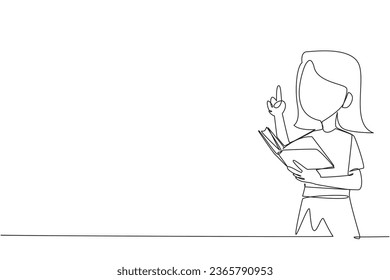 Single continuous line drawing girl standing reading a book. Gesture gets the idea. Books can see from different points of view. Brilliant idea from reading book. One line design vector illustration