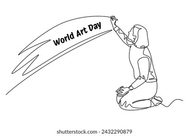 una sola línea continua, dibujando a una niña está celebrando el día mundial de la pintura. Evento del Día Mundial del Arte. Ilustración vectorial de arte de línea continua. Línea simple.