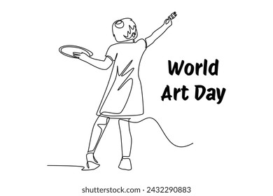 una sola línea continua, dibujando a una niña está celebrando el día mundial de la pintura. Evento del Día Mundial del Arte. Ilustración vectorial de arte de línea continua. Línea simple.