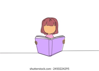 Single continuous line drawing girl sitting reading a book on a stand. Enthusiasm that never goes away. Very happy when reading story books. Book festival concept. One line design vector illustration