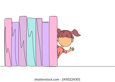 Single continuous line drawing a girl appears from behind a row of books. Invitation to read books at the library. Like to reading a book. Book festival concept. One line design vector illustration