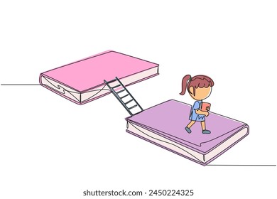 Single continuous line drawing girl walking on books. A book exhibition concept. Display many books, from scientific books to fiction story books. Book festival. One line design vector illustration
