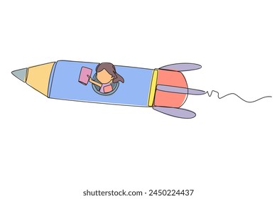 Single continuous line drawing girl flying on a rocket reading book. Always reading books anywhere. The book inspires to become a scientist. Book festival concept. One line design vector illustration