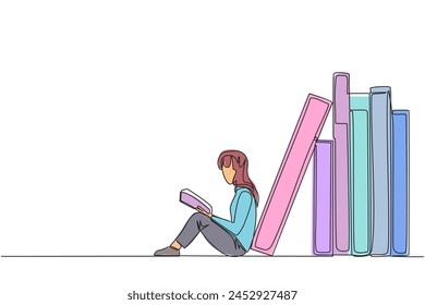 Single continuous line drawing girl reading sitting leaning against a pile of books. Habit of reading books every day. Library. Good habit. Book festival concept. One line design vector illustration