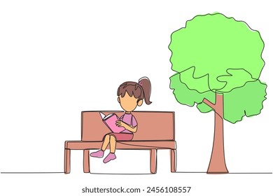 Single continuous line drawing girl sitting on school park bench reading book. Learn by re-reading textbook. Read to get maximum marks. Reading increase insight. One line design vector illustration