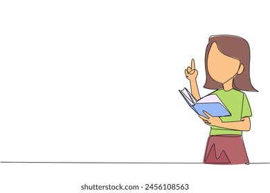 Single continuous line drawing girl standing reading a book. Gesture gets the idea. Books can see from different points of view. Brilliant idea from reading book. One line design vector illustration