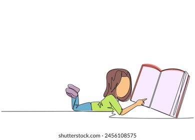 Single continuous line drawing girl lying on her stomach reading a big book. Enjoy reading books in a variety of styles. Reading increases insight. Love reading. One line design vector illustration