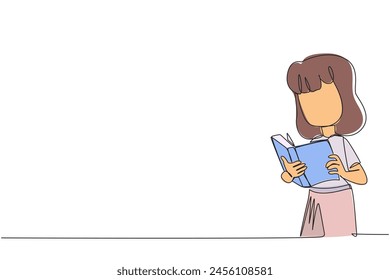Single continuous line drawing girl focused on reading. Try to find the answers to the tasks given. Seek more knowledge. Reading increases insight. Happy reading. One line design vector illustration
