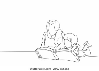 Single continuous line drawing girl and her mother lying on the floor reading a book. Invite with action. Likes to read. Storyline. International Read to Me Day. One line design vector illustration