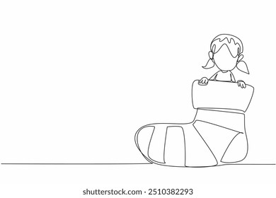 Single continuous line drawing girl comes out of the top of the big sock. Special needs children play happily. Without discrimination. World Down Syndrome Day. One line design vector illustration