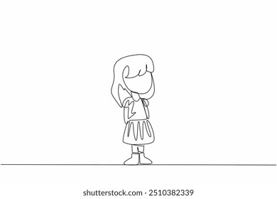 Single continuous line drawing girl standing wearing different socks. Cheerful, affectionate child and easy to get along with. Campaign. World Down Syndrome Day. One line design vector illustration