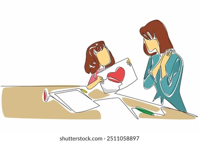 Single continuous line drawing a girl shows her beloved mommy a piece of paper with a heart. As clear as paper, as sincere as an expression of love. Mother's Day. One line design vector illustration