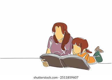 Single continuous line drawing girl and her mother lying on the floor reading a book. Invite with action. Likes to read. Storyline. International Read to Me Day. One line design vector illustration