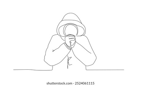 Single continuous line drawing girl or boy  Wearing a Winter Hat and Scarf feels shivering from the cold. People hate winter cold weather. Hand made vector not AI.