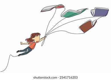 Una sola línea continua dibujando una niña vuela mientras sostiene una cuerda atada a 5 libros voladores. Interesante historia de cuento de hadas.  Día Internacional del Libro Infantil. Ilustración vectorial de diseño de una línea