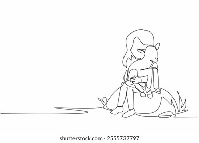 Single continuous line drawing girl sitting on a large rock holding a baby goat. Loving livestock until they reproduce. Little shepherd. National Farm Animals Day. One line design vector illustration