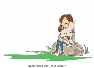 Single continuous line drawing girl sitting on a large rock holding a baby goat. Loving livestock until they reproduce. Little shepherd. National Farm Animals Day. One line design vector illustration