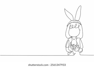 Single continuous line drawing girl carrying a rabbit and her head wearing a rabbit ear headband. True friends. Deepening the role. National Kids and Pets Day. One line design vector illustration