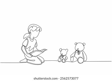 Single continuous line drawing girl sitting on the floor reading a story book to a teddy bear. Very interesting folktale. Share the joy. National Tell a Story Day. One line design vector illustration