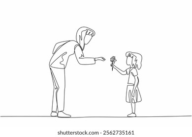 Single continuous line drawing a girl gives a rose to her mother. Express gratitude for the great service through flowers. A sign of love for mom. Good Deeds Day. One line design vector illustration