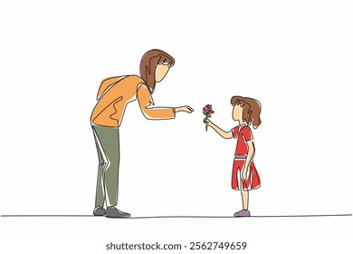 Single continuous line drawing a girl gives a rose to her mother. Express gratitude for the great service through flowers. A sign of love for mom. Good Deeds Day. One line design vector illustration